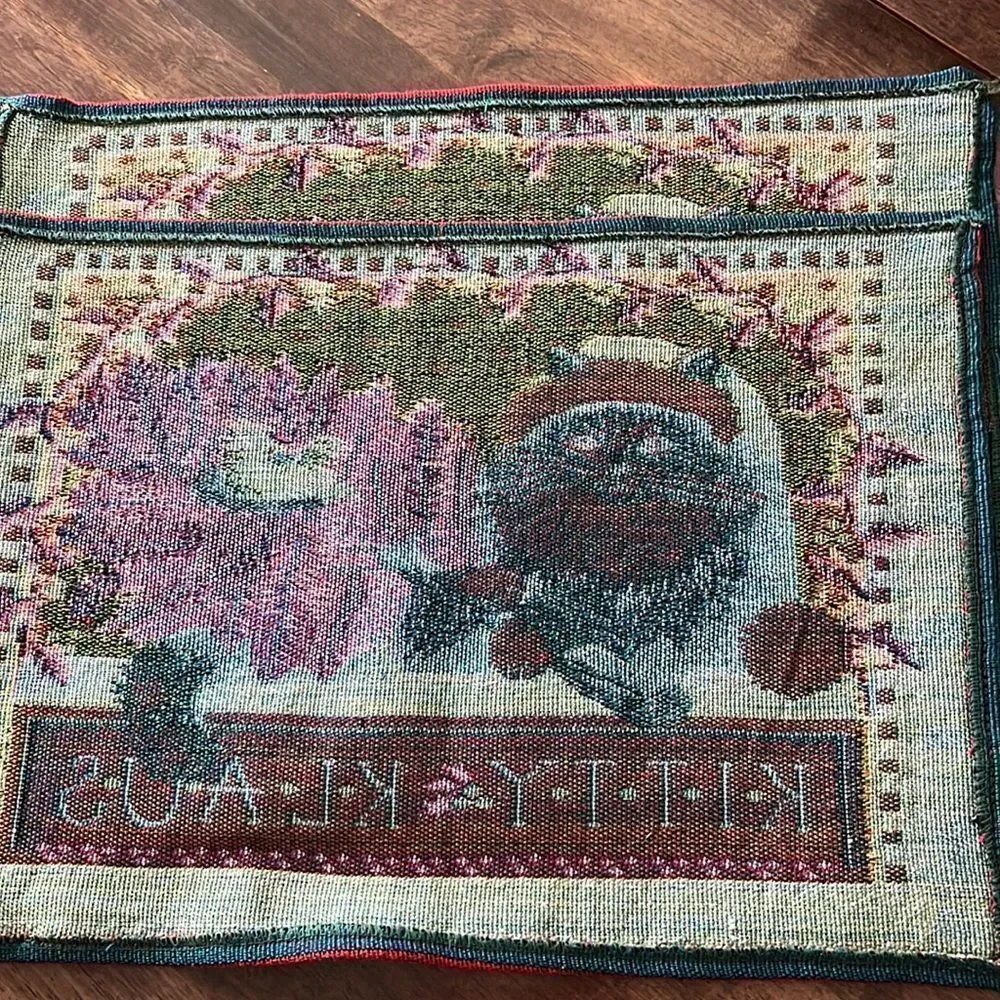 Vintage Set (2) Tapestry Rectangle Christmas Kitty Klaus Cotton Blend Placemats